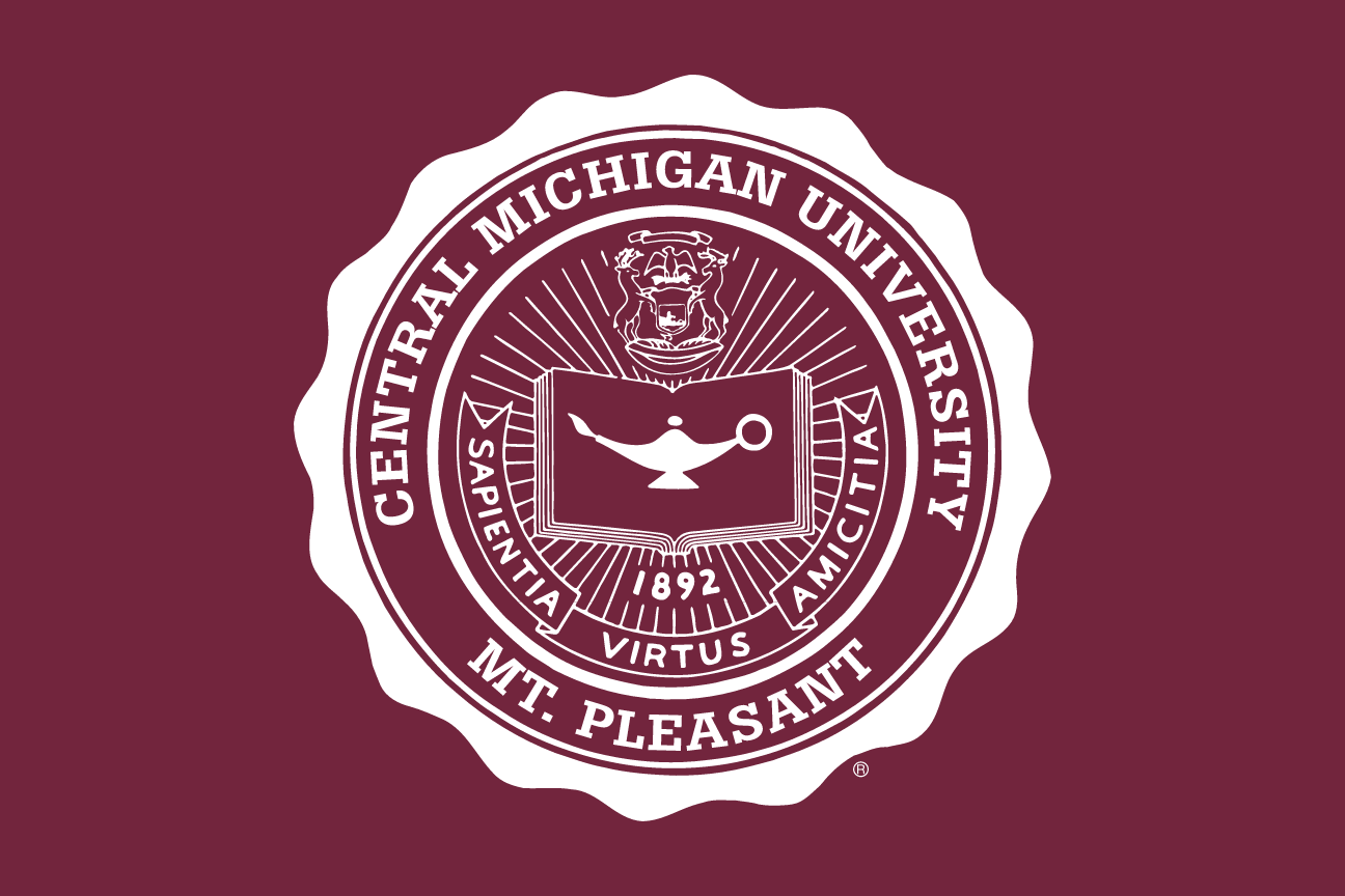 Central Michigan University Seal, one-color white on maroon variant, cell 42