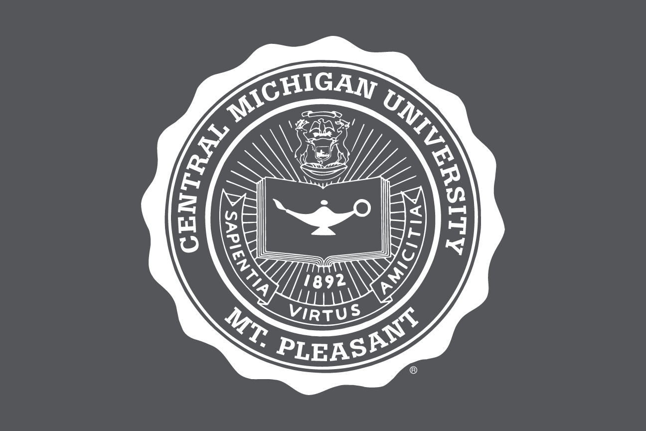 Central Michigan University Seal, one-color white on grey variant, cell 44