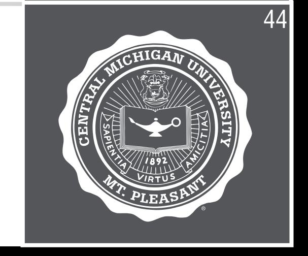 Central Michigan University Seal, one-color white on grey variant, cell 44