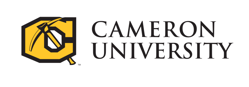 Cameron University logo, horizontal stacked yellow and black variant, cell 11