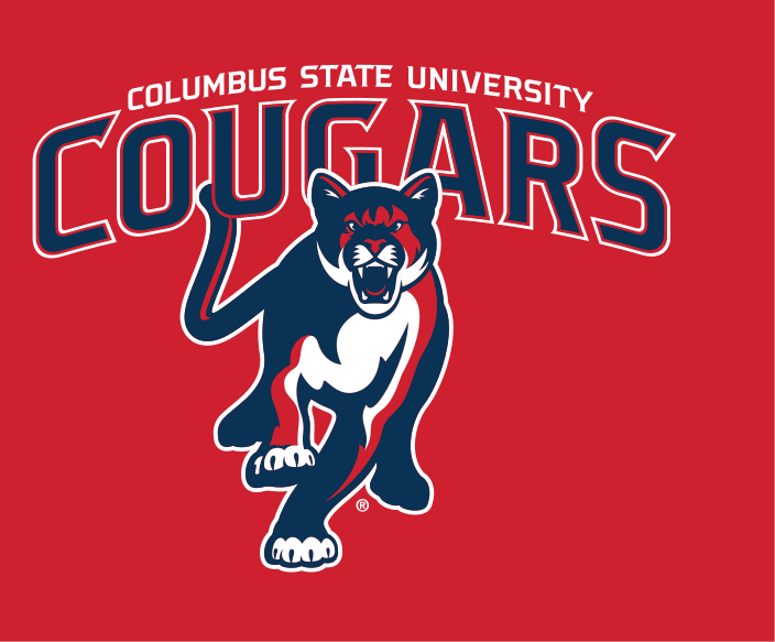 Columbus State University Cougars primary mark, full name, color on red variant, cell 6