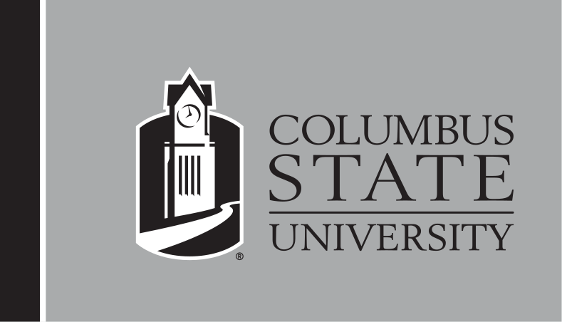 Columbus State University logo, horizontal lockup with icon left, black on grey variant, cell 53