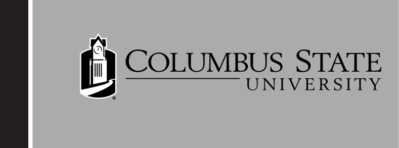 Columbus State University logo, small horizontal lockup, black on grey variant, cell 59