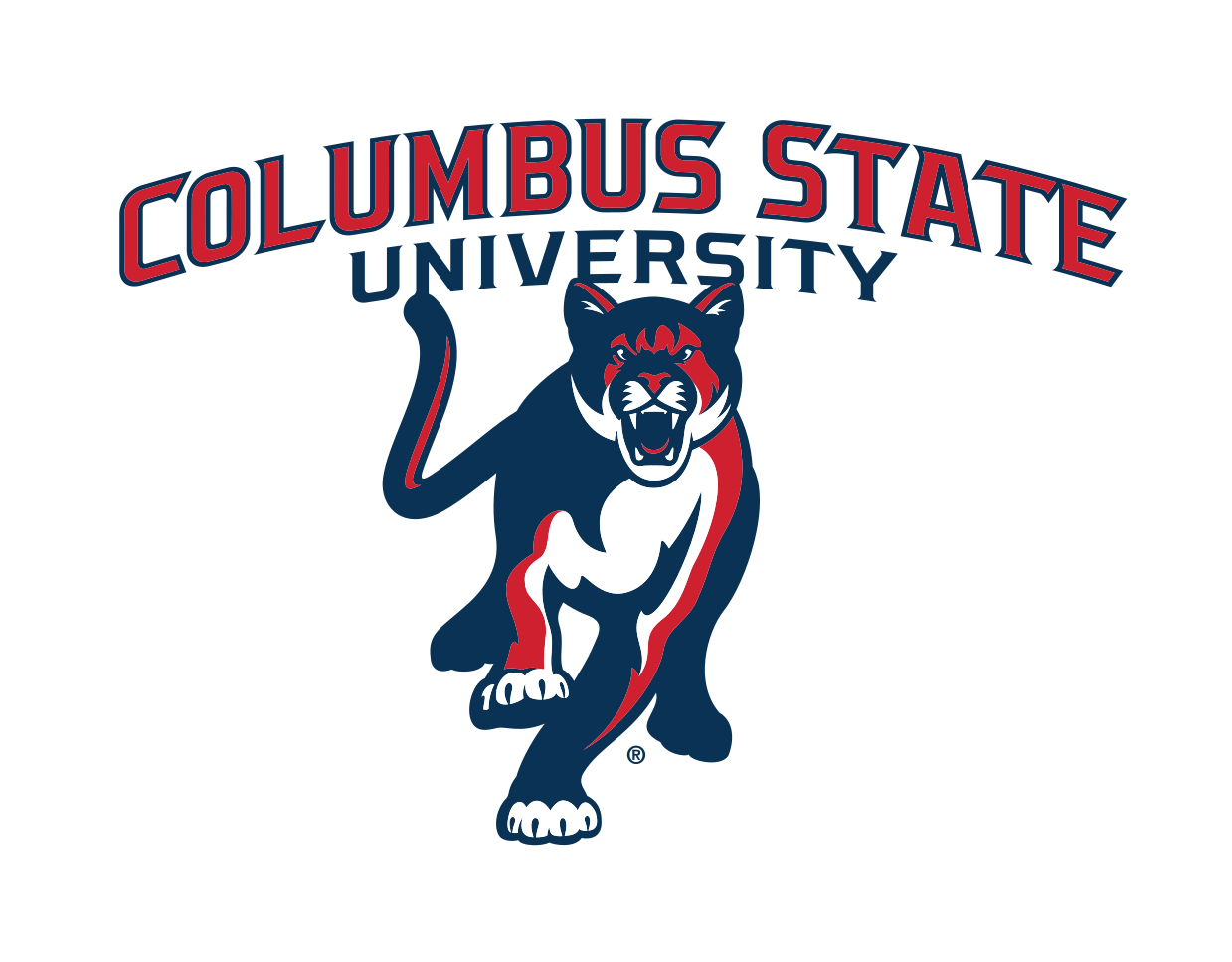 Columbus State University wordmark with cougar, full color variant, cell 97