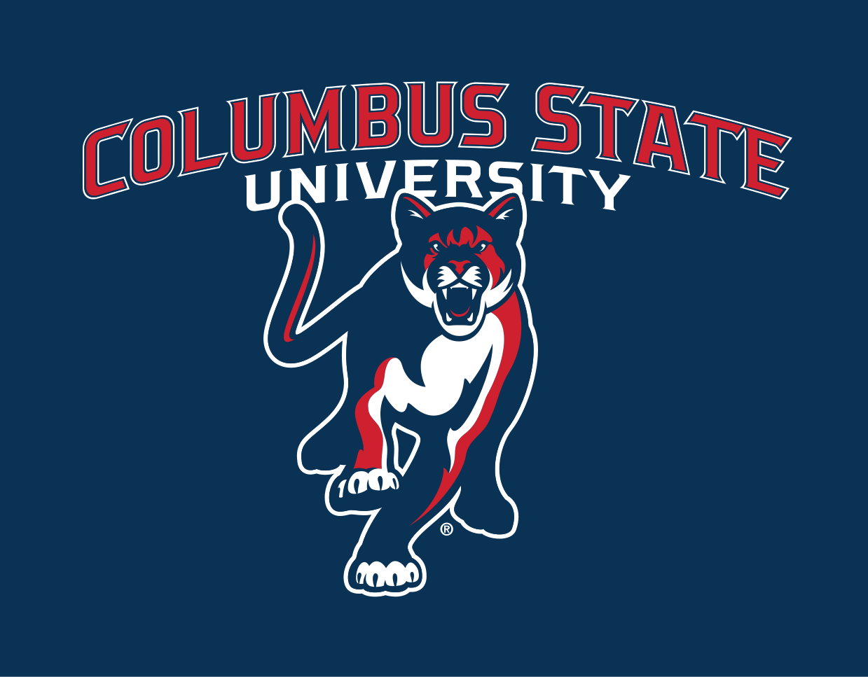 Columbus State University wordmark with cougar, full color on navy variant, cell 98