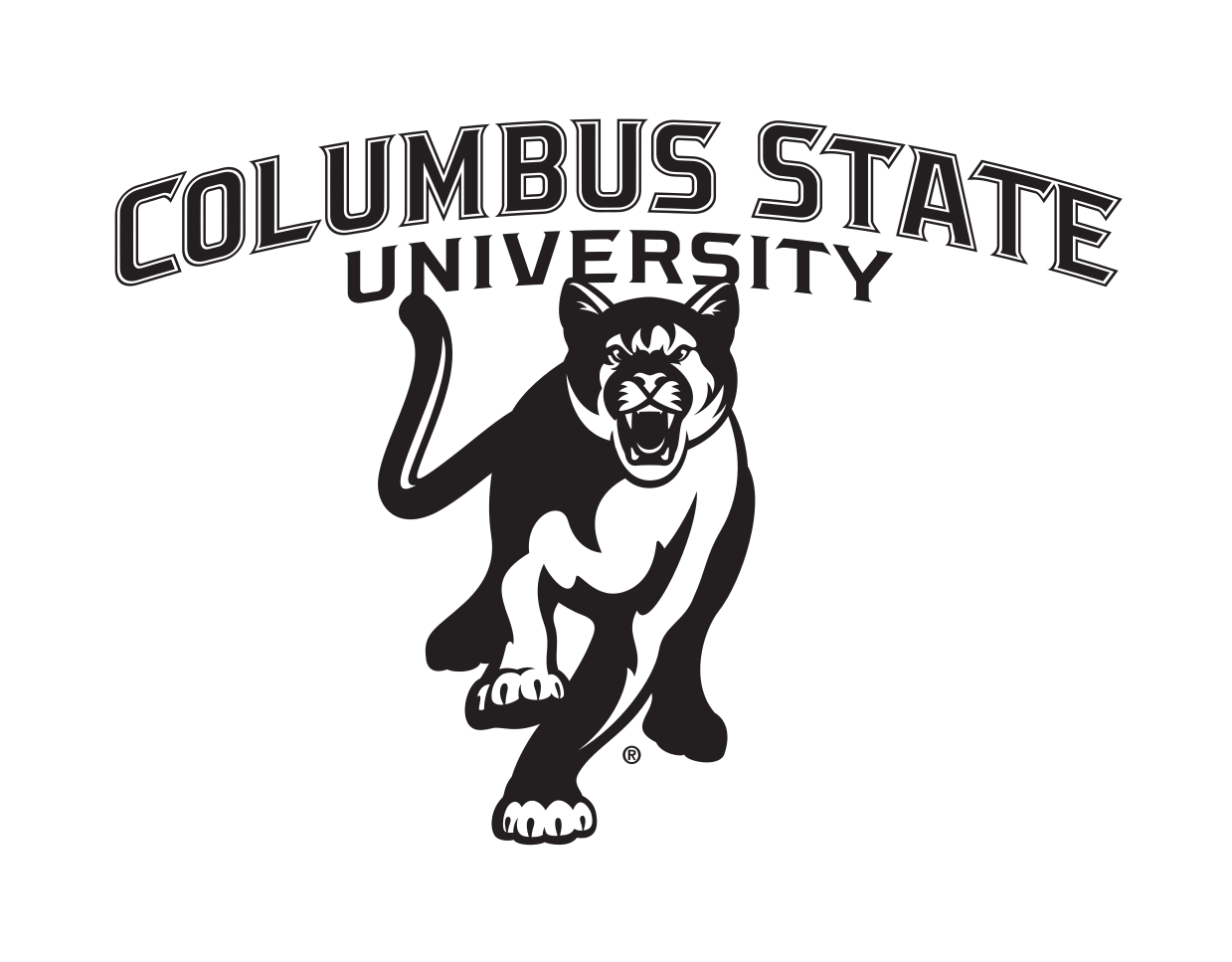 Columbus State University wordmark with cougar, black and white variant, cell 99