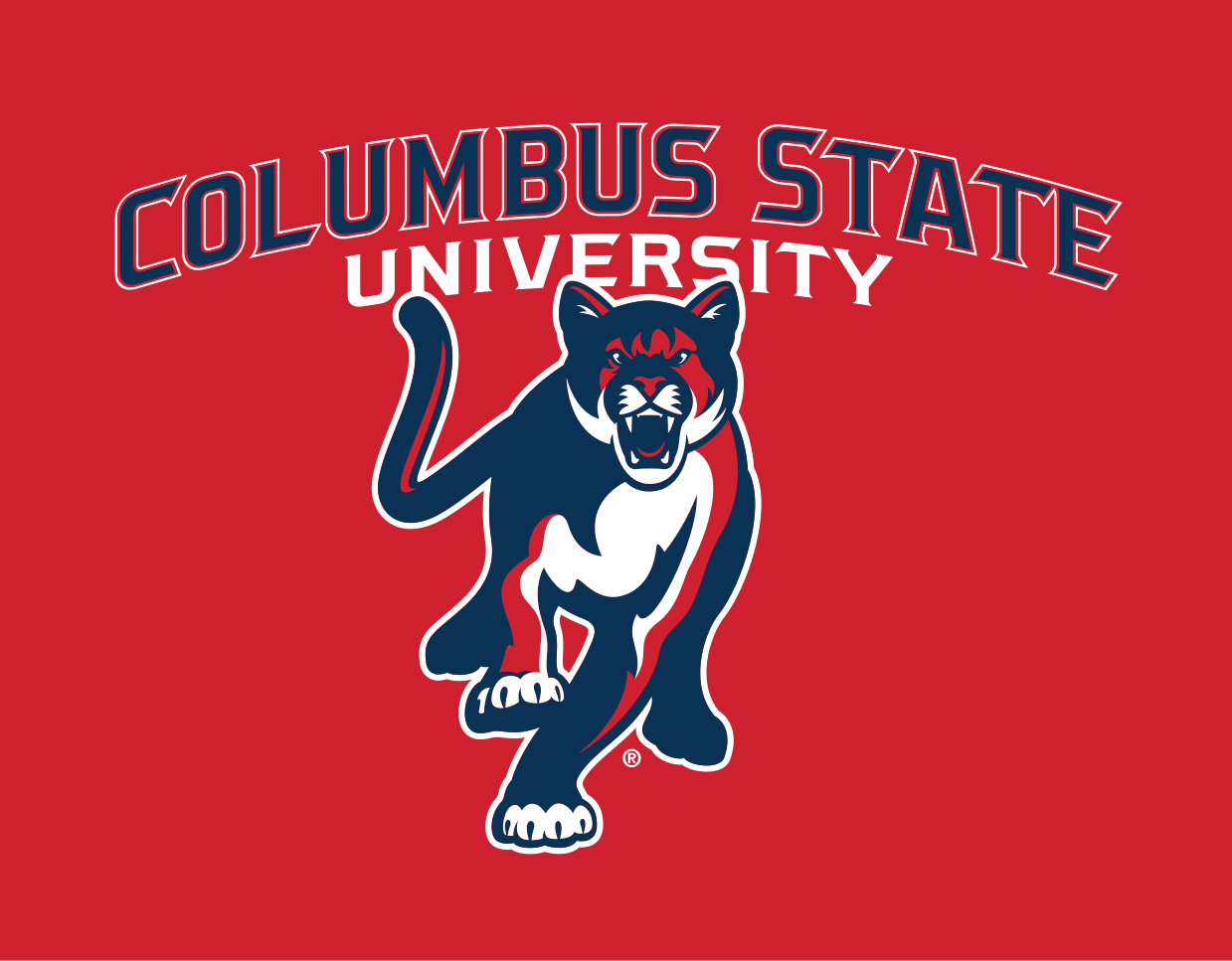 Columbus State University wordmark with cougar, full color on red variant, cell 102