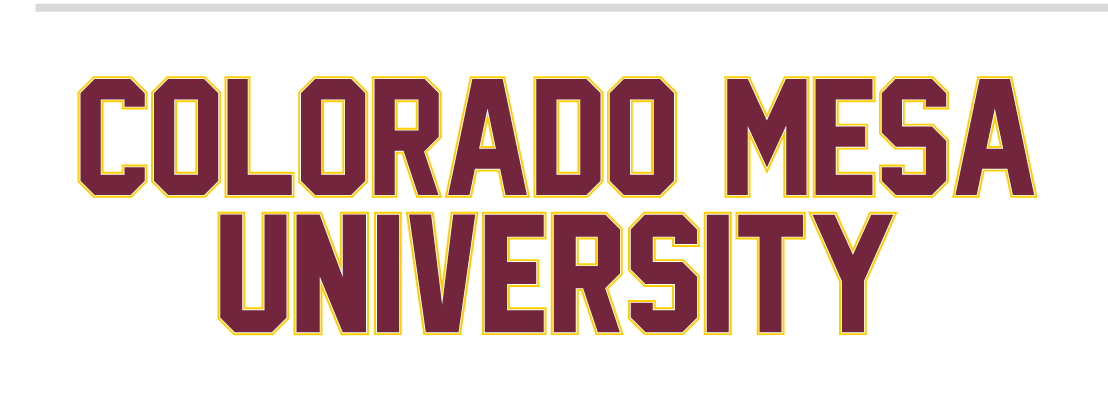 COLORADO MESA UNIVERSITY wordmark, stacked maroon with gold outline variant, cell 52