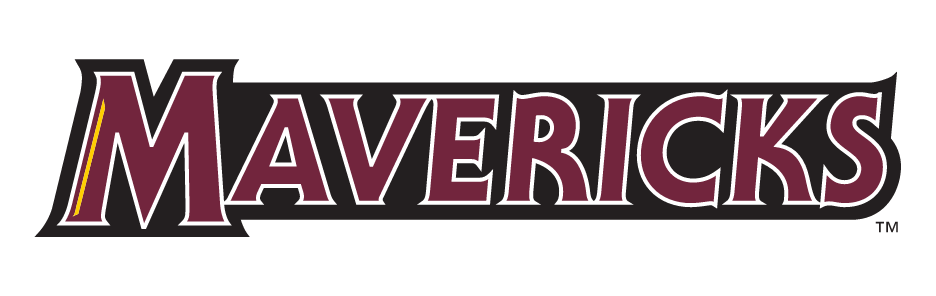 Mavericks wordmark, maroon and gold outline variant, cell 18
