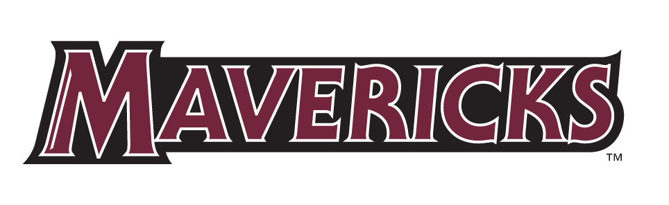 Mavericks wordmark, maroon and white outline variant, cell 19