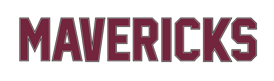 MAVERICKS wordmark, maroon with white outline variant, cell 45