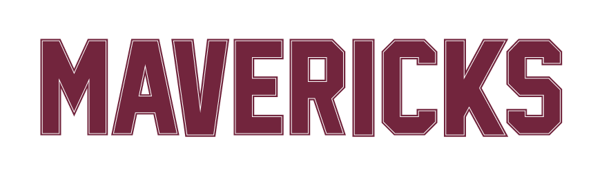 MAVERICKS wordmark, maroon with white outline variant, cell 46