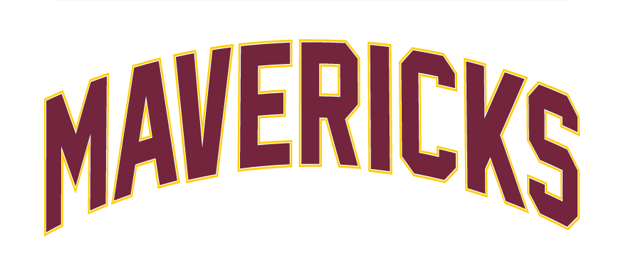 MAVERICKS wordmark, arched maroon with gold outline variant, cell 48