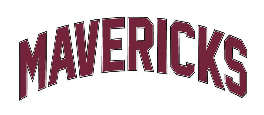 MAVERICKS wordmark, arched maroon with white outline variant, cell 49