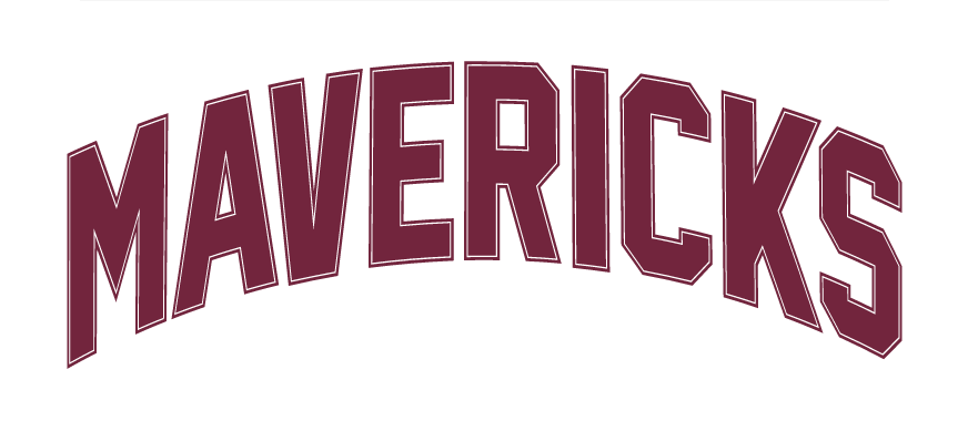 MAVERICKS wordmark, arched maroon with white outline variant, cell 50