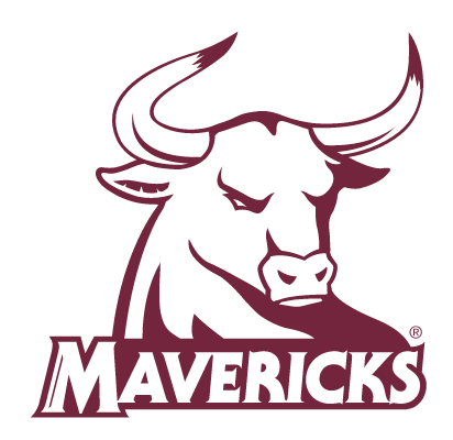 Rowdy mascot head with Mavericks wordmark, maroon one-color variant, cell 28