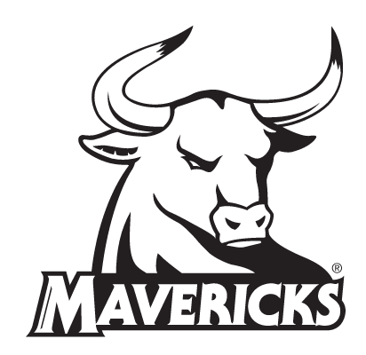 Rowdy mascot head with Mavericks wordmark, black one-color variant, cell 29