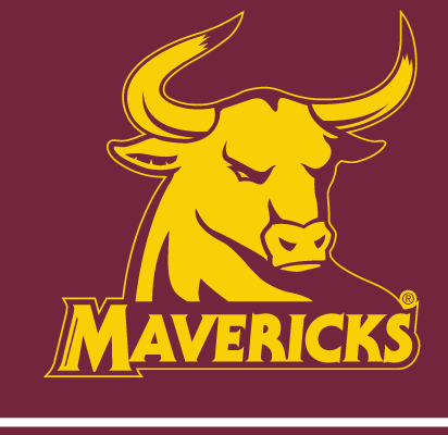 Rowdy mascot head with Mavericks wordmark, gold one-color on maroon background variant, cell 31