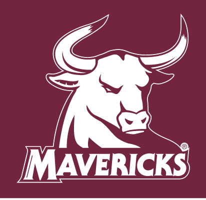 Rowdy mascot head with Mavericks wordmark, white one-color on maroon background variant, cell 36