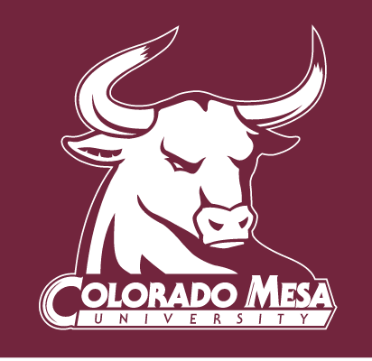 Rowdy mascot head with Colorado Mesa University wordmark, white one-color on maroon background variant, cell 38