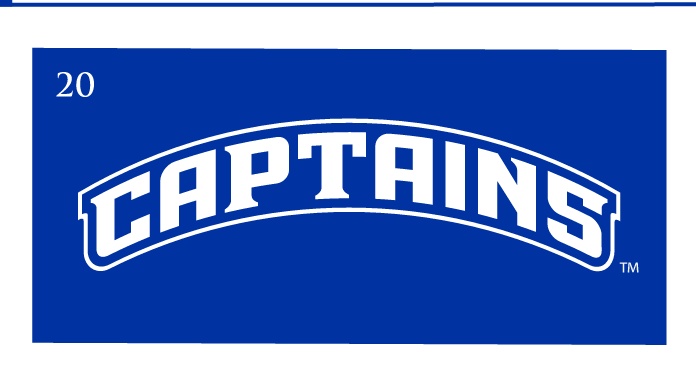 Captains arched wordmark, white with blue outline on blue background variant, cell 20