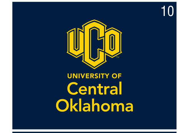 UCO logo, stacked with university name (centered), yellow and blue on navy background variant, cell 10
