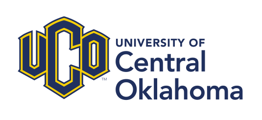 UCO logo, horizontal with university name (stacked text), blue and yellow variant, cell 17