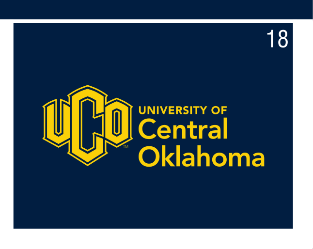 UCO logo, horizontal with university name (stacked text), yellow and blue on navy background variant, cell 18