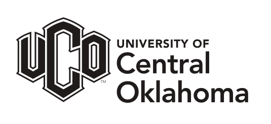 UCO logo, horizontal with university name (stacked text), black and white variant, cell 19