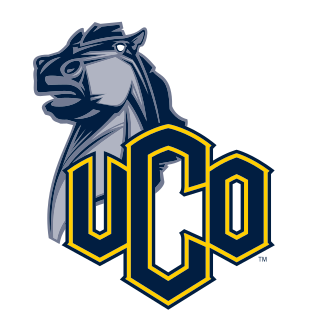 Broncho mascot with UCO lettermark, blue and yellow variant, cell 21