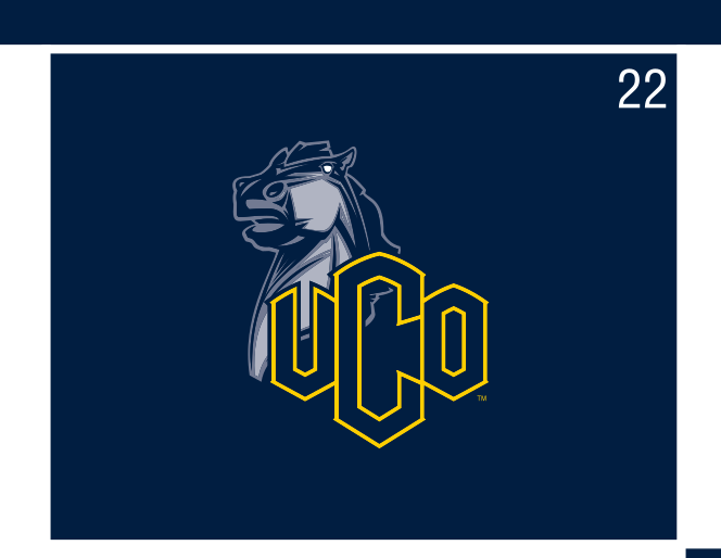 Broncho mascot with UCO lettermark, yellow and blue on navy background variant, cell 22