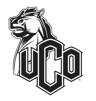 Broncho mascot with UCO lettermark, black and white variant, cell 23