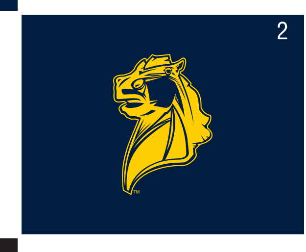 Broncho mascot head, yellow and blue on navy background variant, cell 27