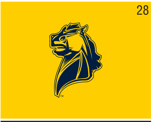 Broncho mascot head, blue and yellow on yellow background variant, cell 28