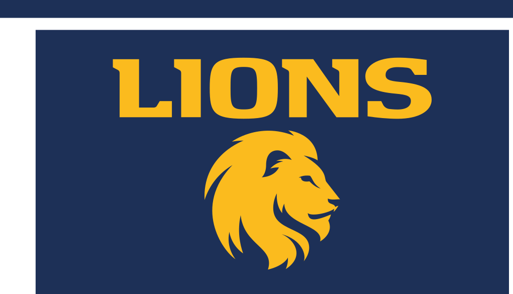 LIONS wordmark with lion head, gold/blue on blue variant, cell 29