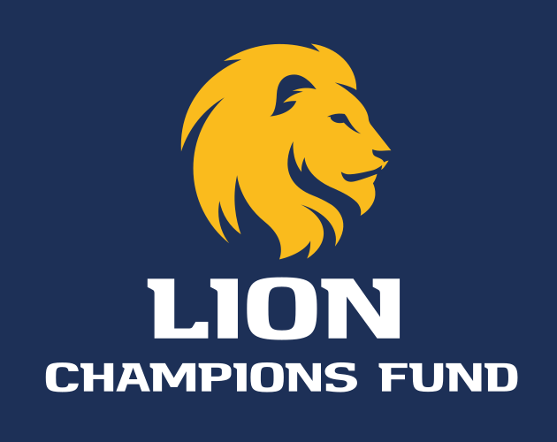 Lion Champions Fund lockup, stacked, short name, color variant, cell 56