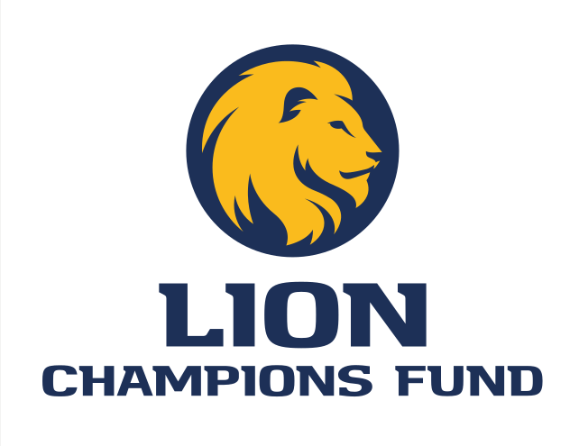 Lion Champions Fund lockup, stacked, short name, color, circle icon variant, cell 62