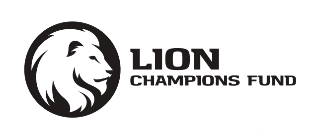 Lion Champions Fund lockup, horizontal, short name, black/white, circle icon variant, cell 64