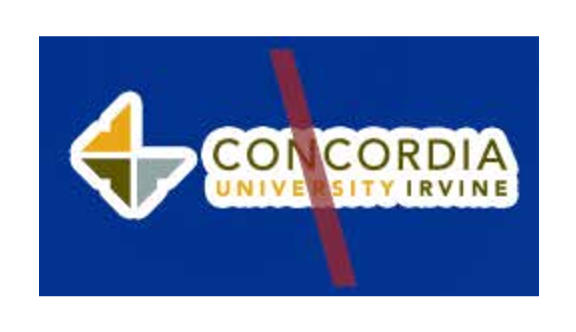 Concordia University Irvine logo, color with red diagonal line on blue background variant