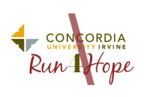 Concordia University Irvine logo, color with red diagonal line and 'Run Hope' text variant