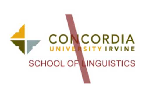Concordia University Irvine logo, color with red diagonal line and 'School of Linguistics' text variant