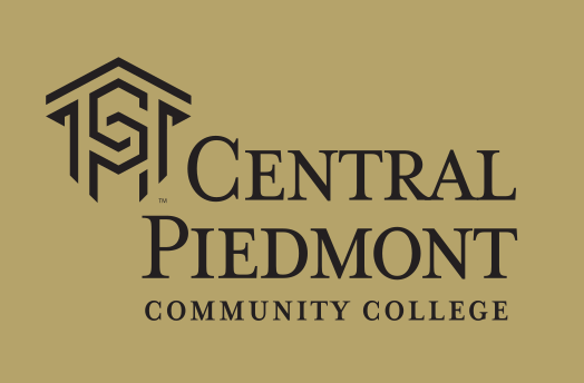 Central Piedmont Community College logo, stacked, black on gold variant, cell 10