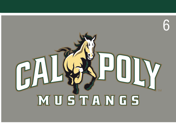 Cal Poly Mustangs wordmark with mascot, 5 color on grey variant, cell 6