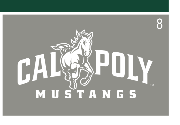 Cal Poly Mustangs wordmark with mascot, 1 color white on grey variant, cell 8