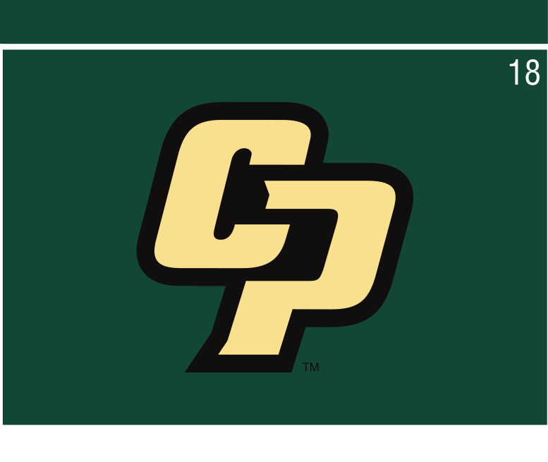 Interlocking CP logo with black outline, 2 color on green variant, cell 18