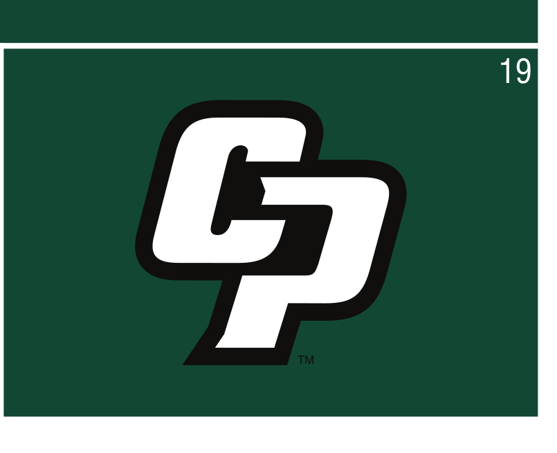 Interlocking CP logo with black outline, 2 color white/black on green variant, cell 19