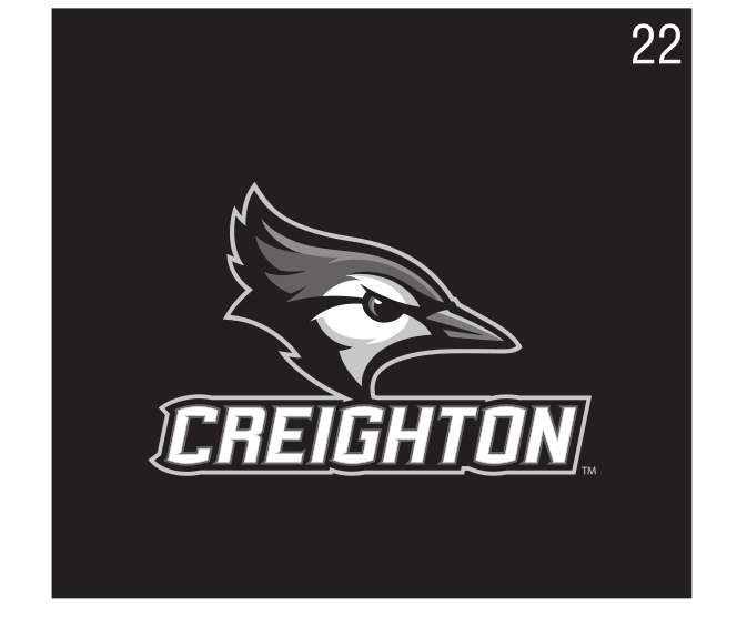 Bluejay head with Creighton wordmark, black/white on gray variant, cell 22