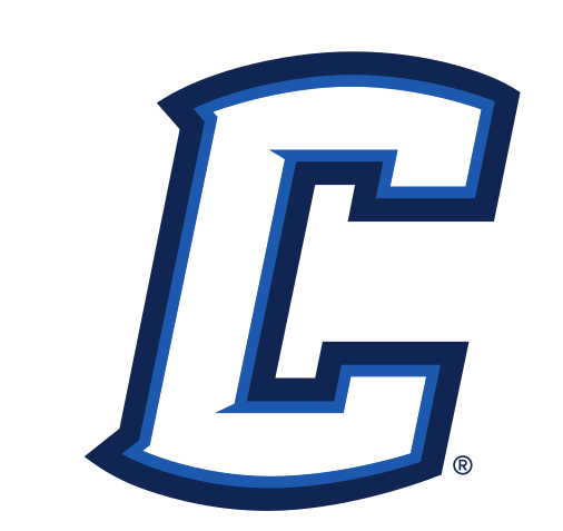 Creighton 'C' lettermark, blue with white and black outlines on white variant, cell 50