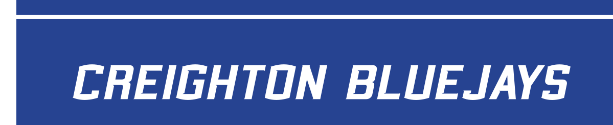 CREIGHTON BLUE JAYS wordmark, horizontal, white on blue, thin outline variant, cell 74