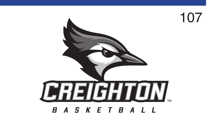 Bluejay head with Creighton Basketball wordmark, grey/black on white variant, cell 107